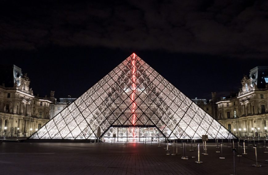 Illuminated glass pyramid at the Louvre, Paris